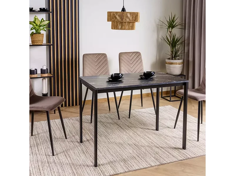 Table rectangulaire avec plateau effet marbre noir et pieds noirs - AMEL