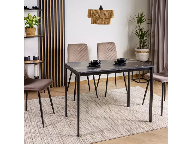 Table rectangulaire avec plateau effet marbre noir et pieds noirs - AMEL