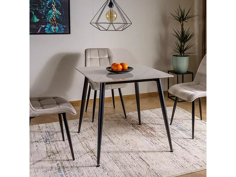 Table 80 x 80 cm blanche céramique & métal noir NERISIA