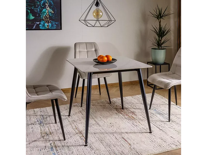 Table 80 x 80 cm blanche céramique & métal noir NERISIA