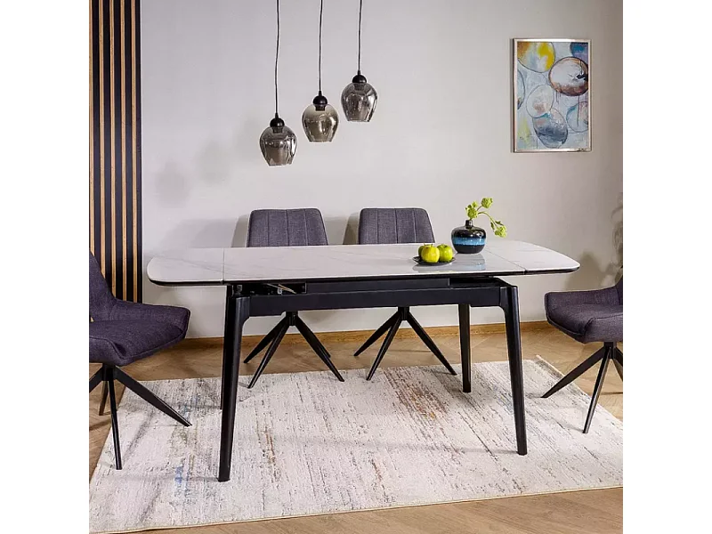 Table extensible 120 + 60 cm en céramique blanc brillant, structure bois - TOSINI