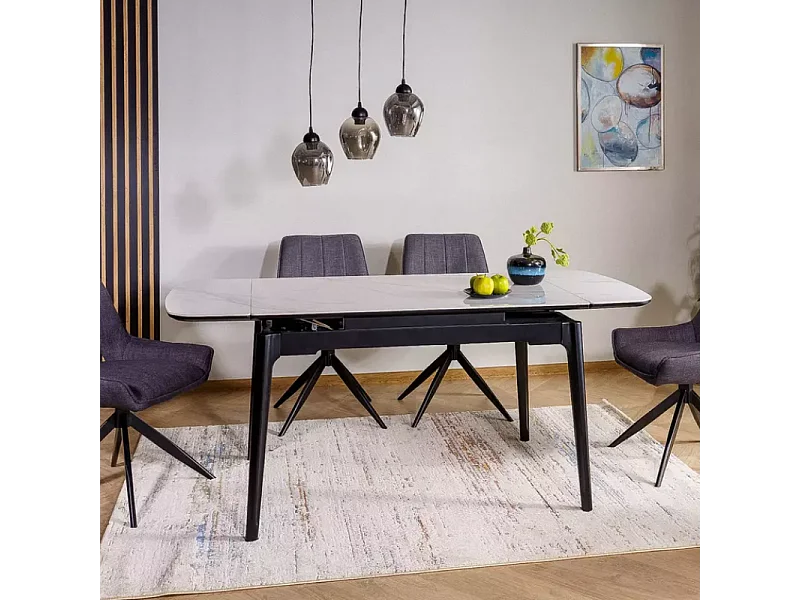 Table extensible 120 + 60 cm en céramique blanc brillant, structure bois - TOSINI