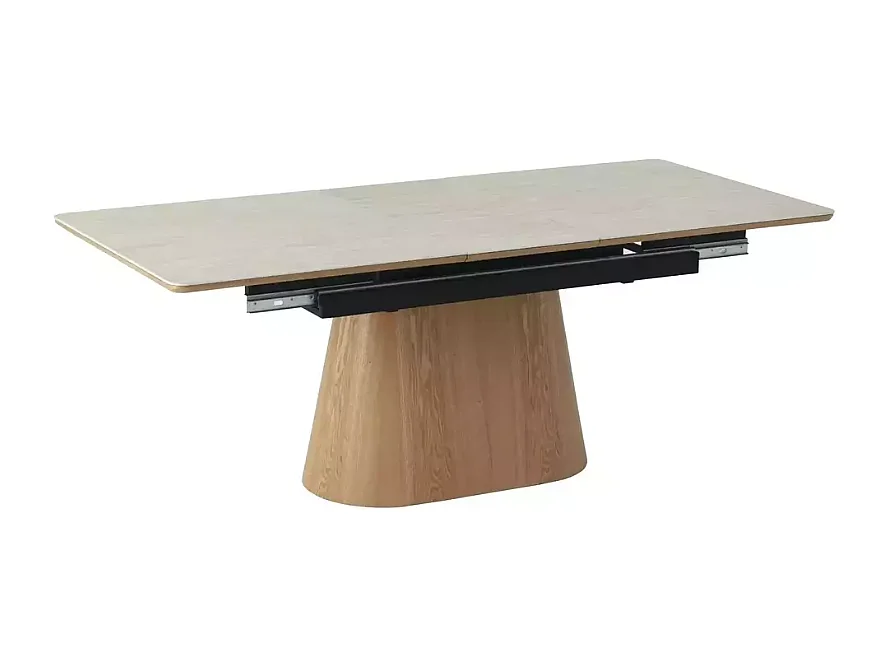 Table extensible 160 + 80 cm en céramique beige mat et chêne - LANNA