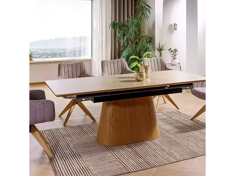 Table extensible 160 + 80 cm en céramique beige mat et chêne - LANNA