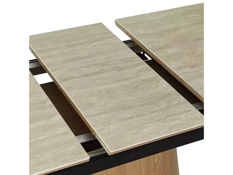 Table extensible 160 + 80 cm en céramique beige mat et chêne - LANNA