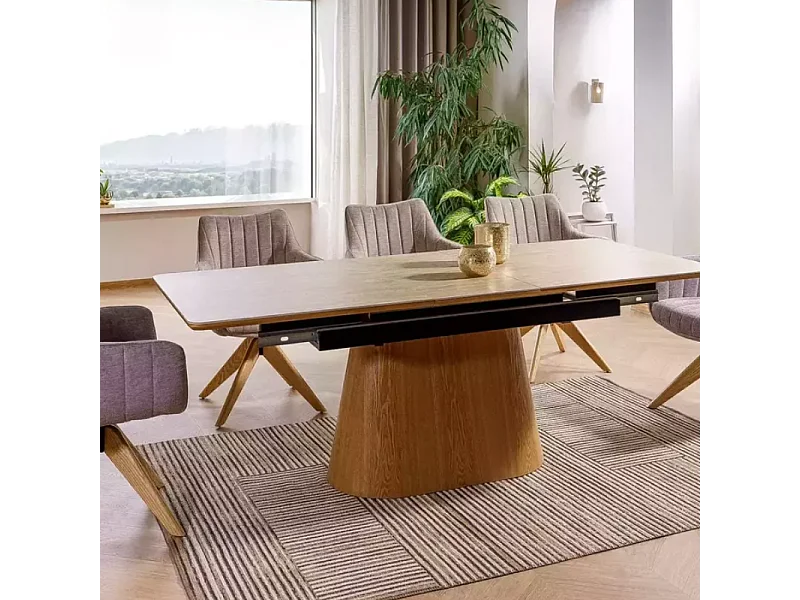 Table extensible 160 + 80 cm en céramique beige mat et chêne - LANNA