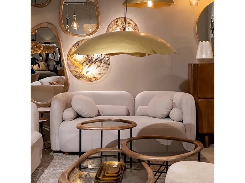 Canapé 2 places galbé en tissu beige avec coussins PERIALIS