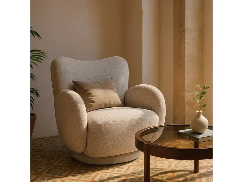 Fauteuil marbré beige pivotant rondeur généreuse confort cosy IRIDELLE
