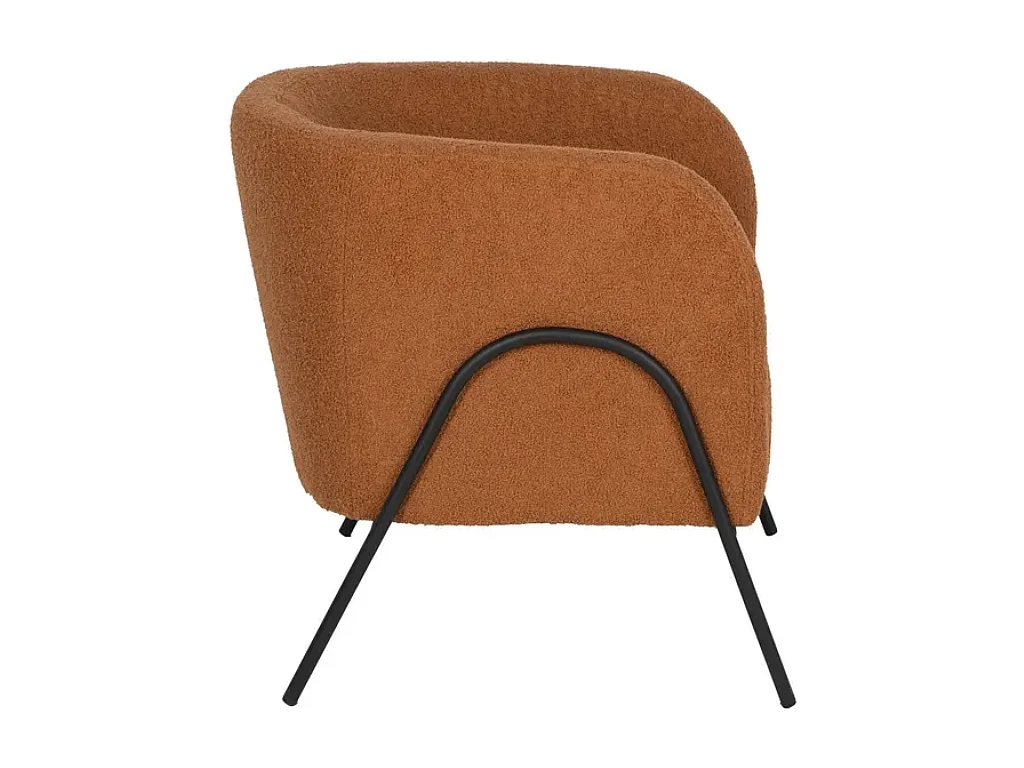 Fauteuil bouclé terracotta silhouette arquée métal noir DREFALIA