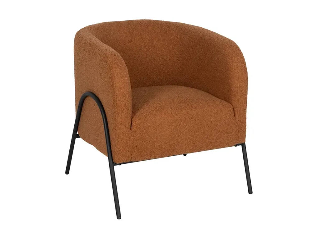 Fauteuil bouclé terracotta silhouette arquée métal noir DREFALIA