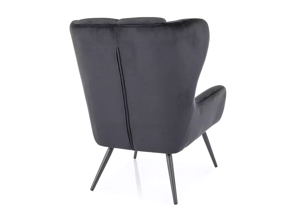 Fauteuil en velours noir accoudoirs hauts matelassés, pieds en métal noir SALISE
