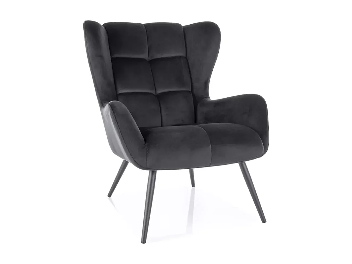 Fauteuil en velours noir accoudoirs hauts matelassés, pieds en métal noir SALISE