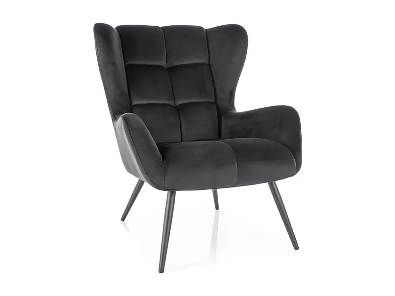 Fauteuil en velours noir accoudoirs hauts matelassés, pieds en métal noir SALISE