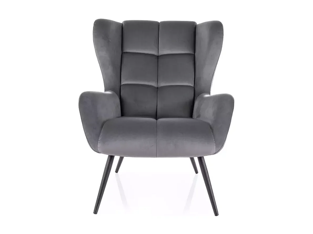 Fauteuil velours gris dossier matelassé pieds métal noir SALISE