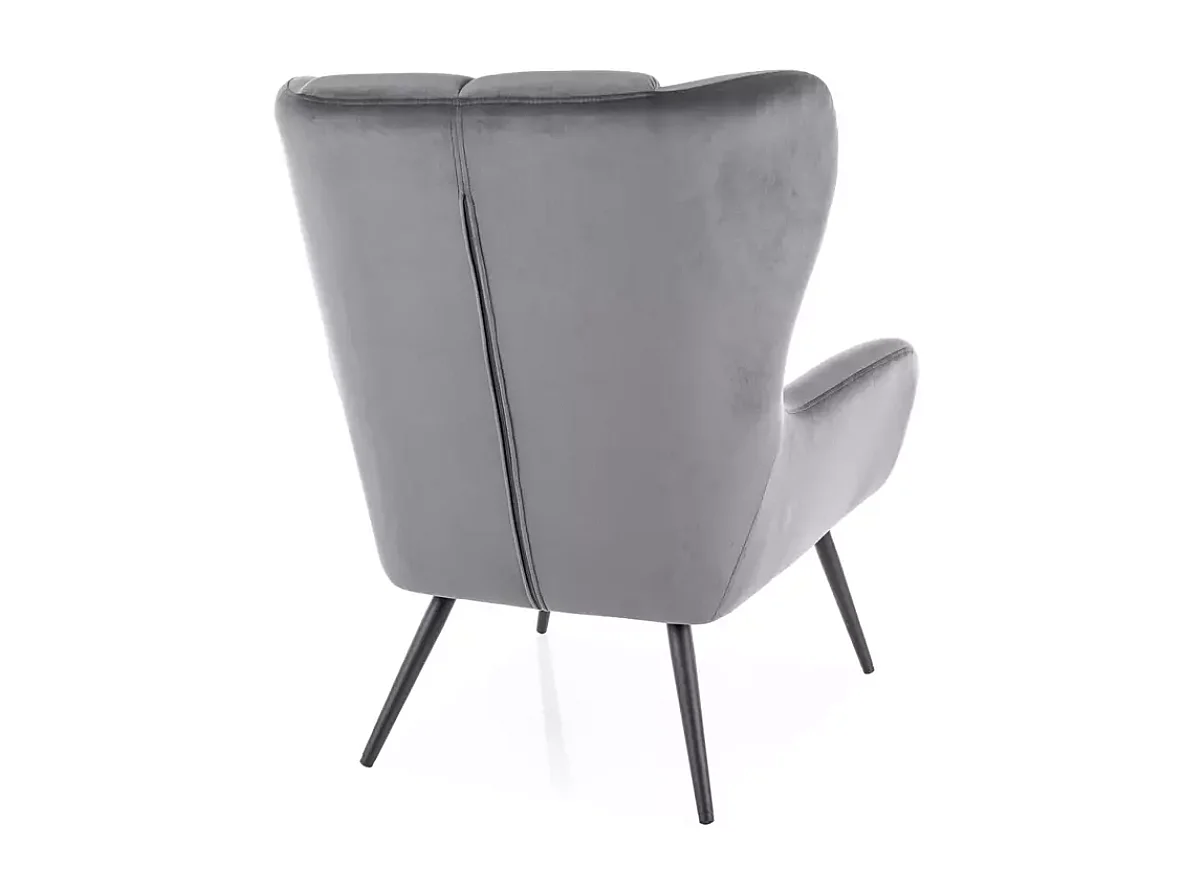 Fauteuil velours gris dossier matelassé pieds métal noir SALISE