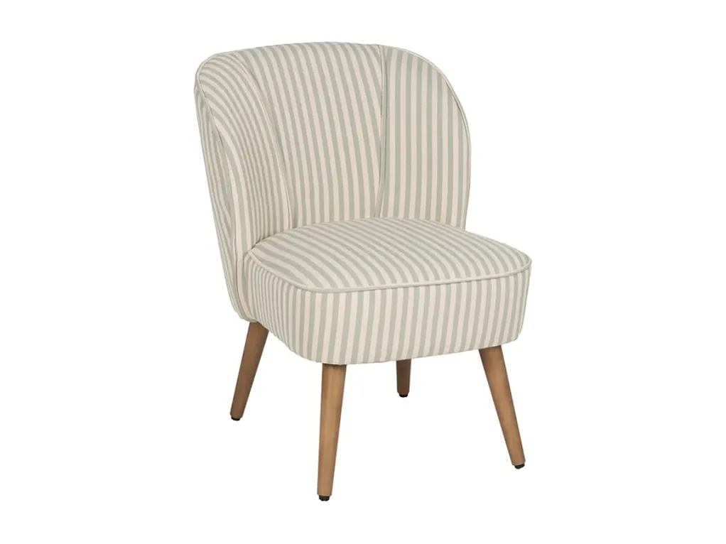 Fauteuil CELARINE rayures vert sauge bois hévéa