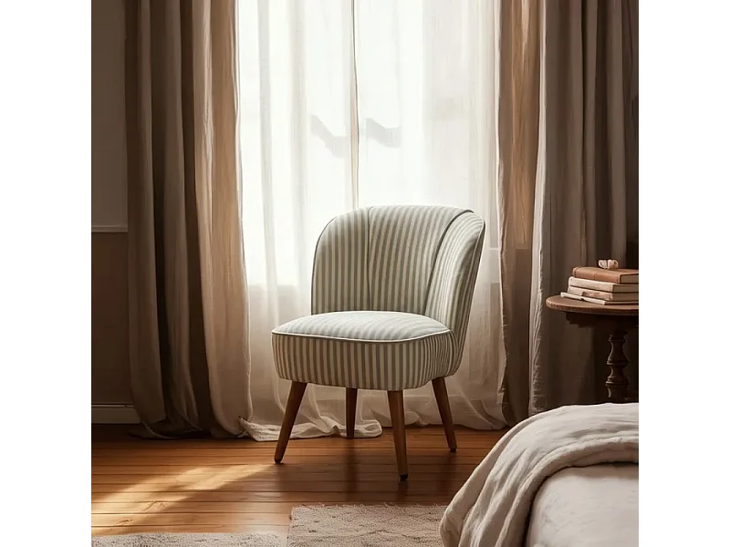 Fauteuil CELARINE rayures vert sauge bois hévéa