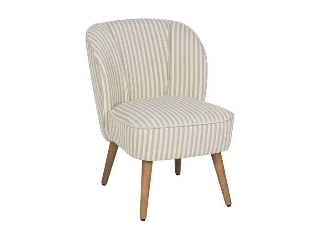 Fauteuil CELARINE rayures vert sauge bois hévéa