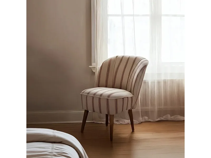 Fauteuil rayures terracotta bois hévéa assise moelleuse vintage CELARINE