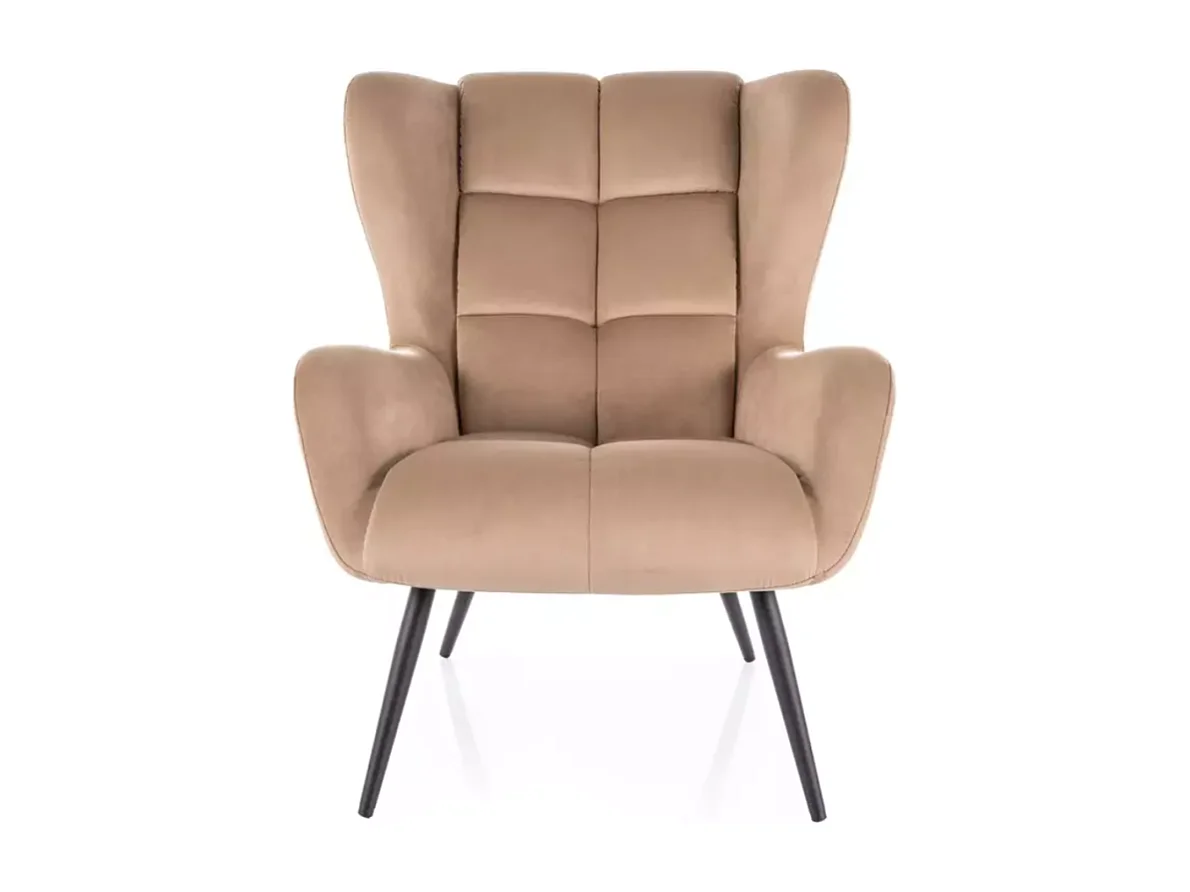 Fauteuil velours beige ailé rembourré chic piétement métal noir SALISE