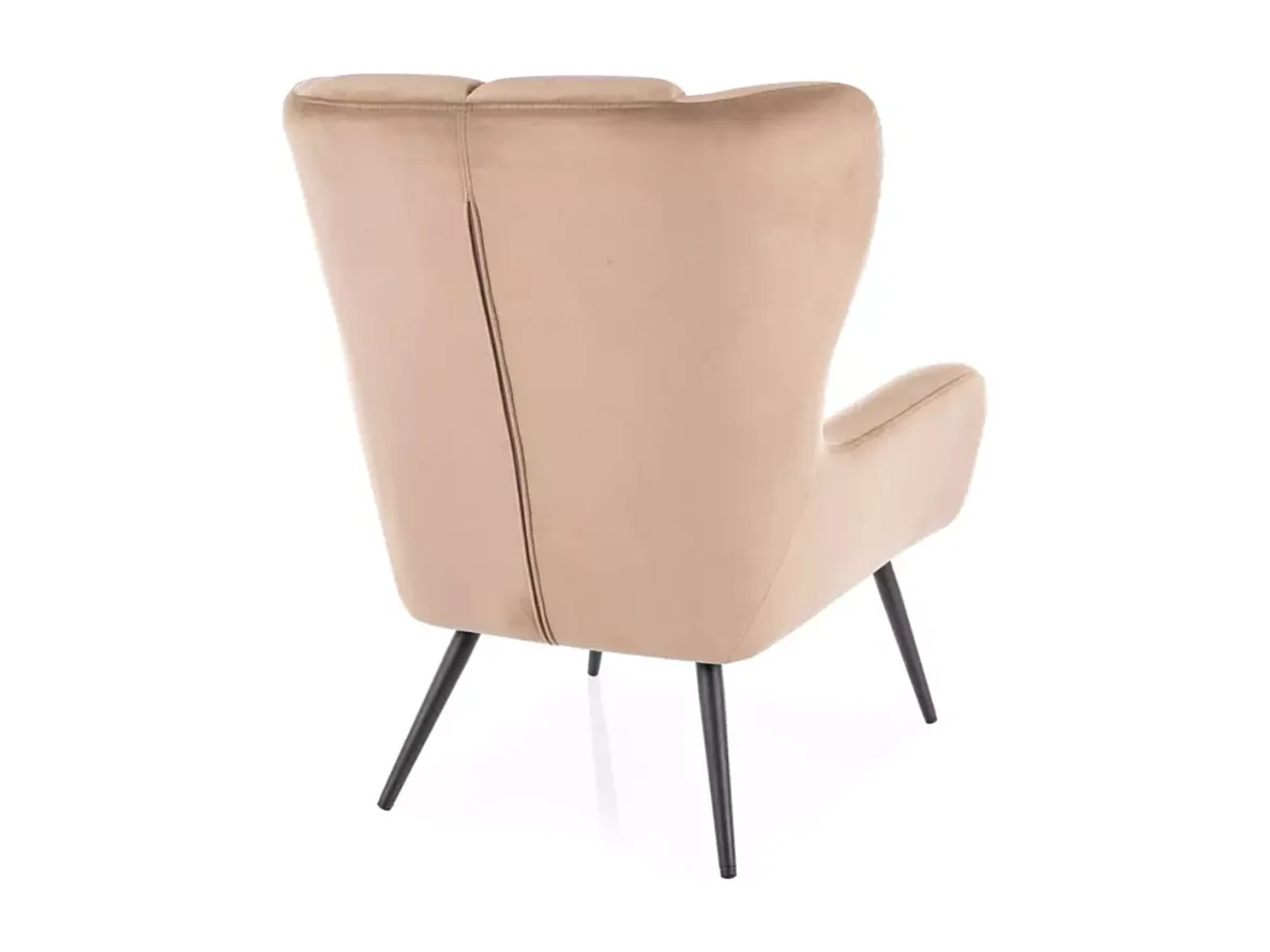 Fauteuil velours beige ailé rembourré chic piétement métal noir SALISE