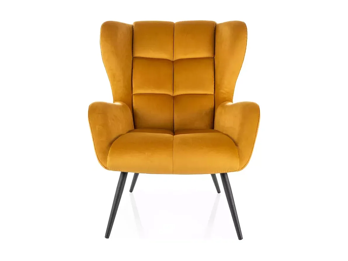 Fauteuil velours curry dossier matelassé vintage pieds métal noir SALISE