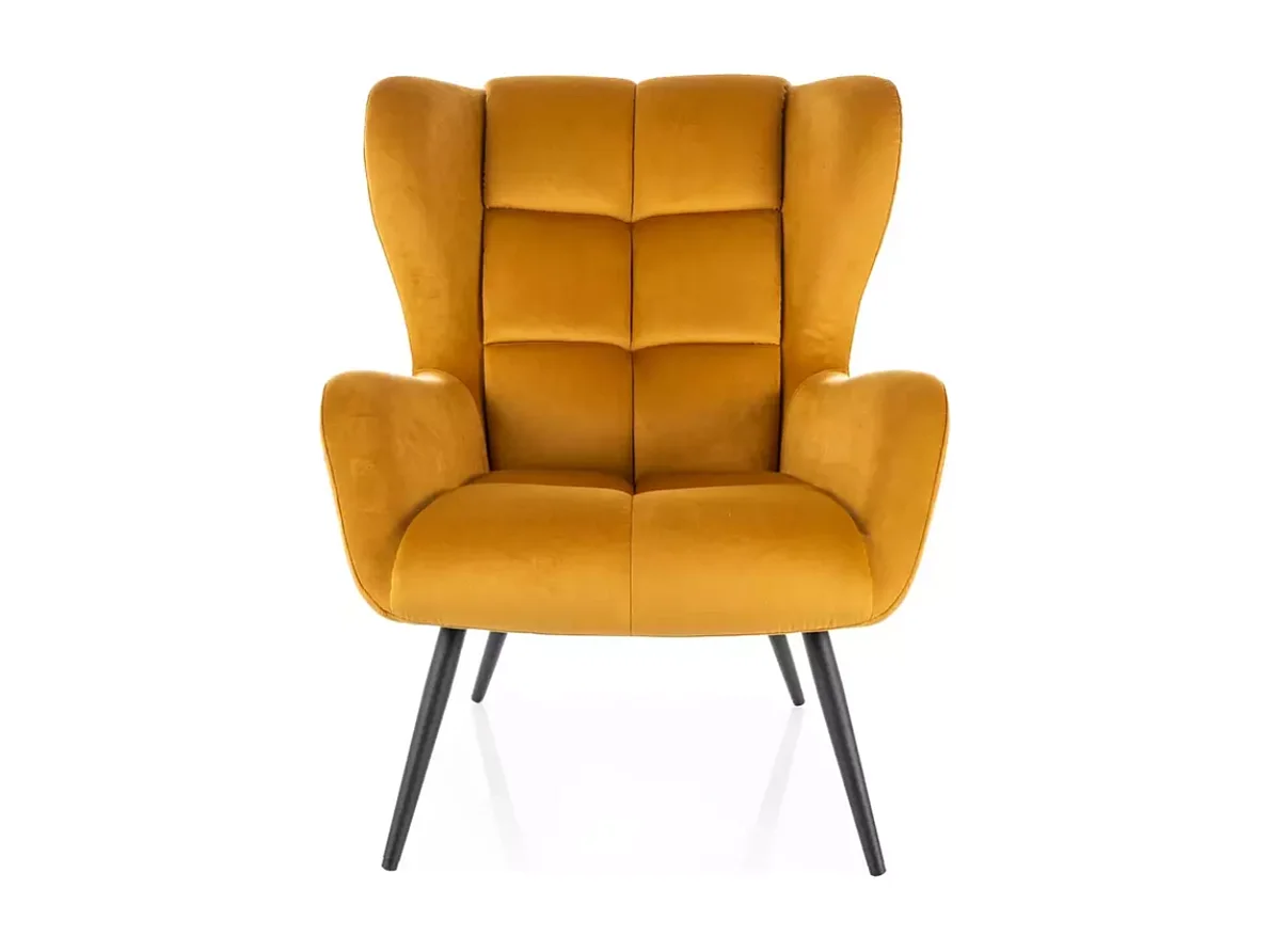 Fauteuil velours curry dossier matelassé vintage pieds métal noir SALISE