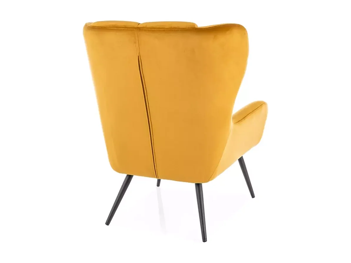 Fauteuil velours curry dossier matelassé vintage pieds métal noir SALISE