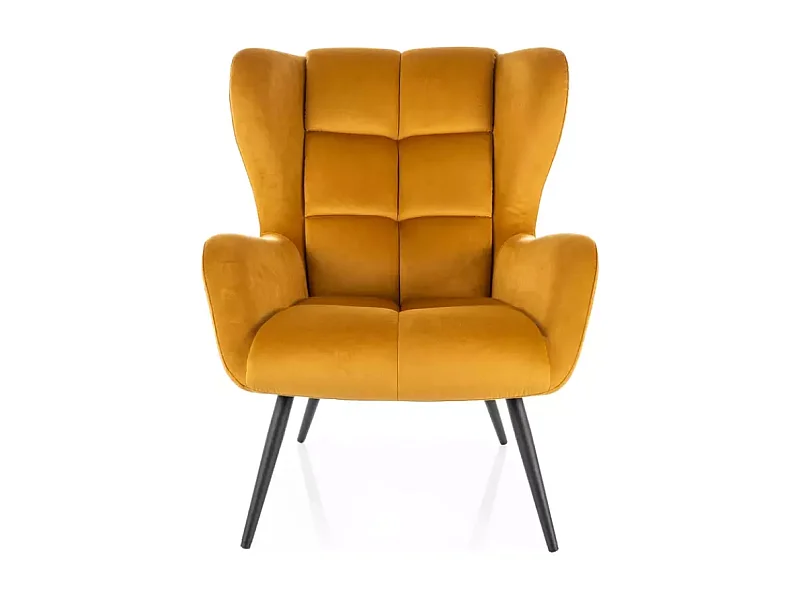 Fauteuil velours curry dossier matelassé vintage pieds métal noir SALISE