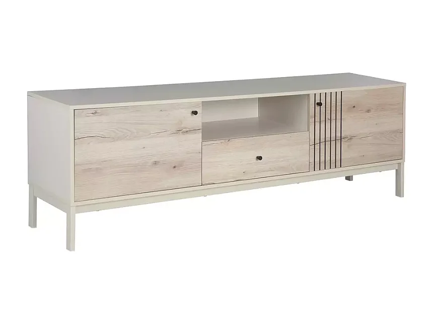 Meuble TV FLY 180 cm design comte bois chêne et métal blanc cassé