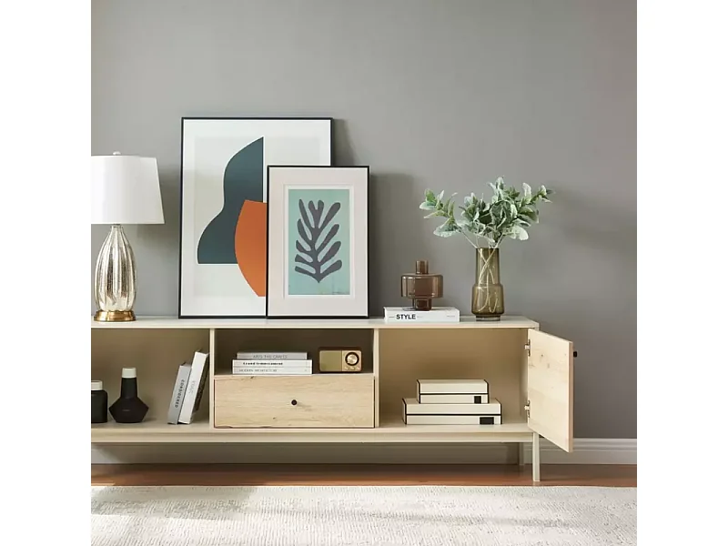 Meuble TV FLY 180 cm design comte bois chêne et métal blanc cassé