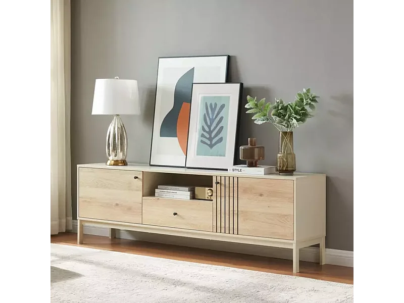 Meuble TV FLY 180 cm design comte bois chêne et métal blanc cassé