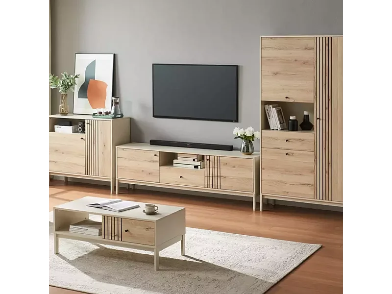 Meuble TV FLY 180 cm design comte bois chêne et métal blanc cassé