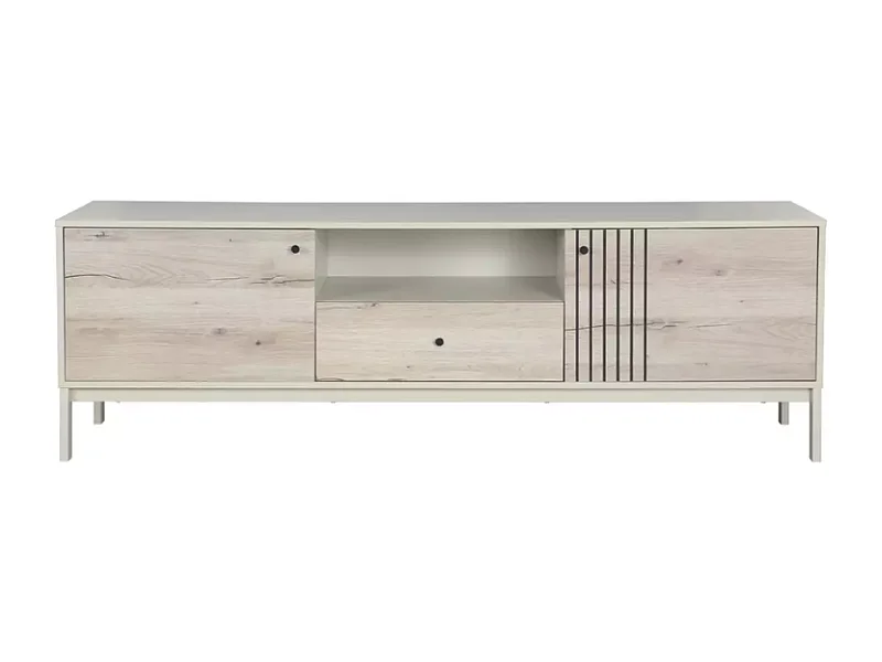 Meuble TV FLY 180 cm design comte bois chêne et métal blanc cassé