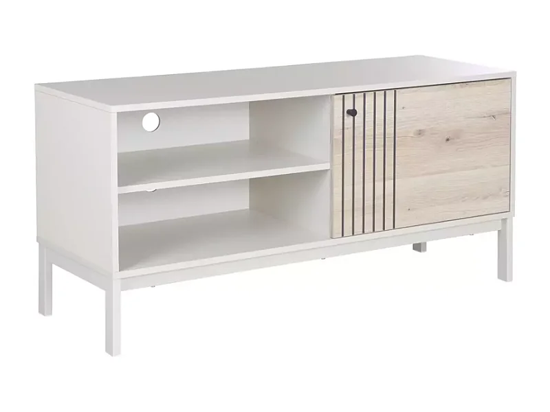 Meuble TV FLY 120 cm bois chêne alpin et métal blanc cassé design compact