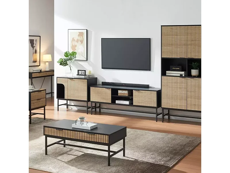 Meuble TV SALOUNE 150 cm bois rainuré et métal noir mat style industriel chic