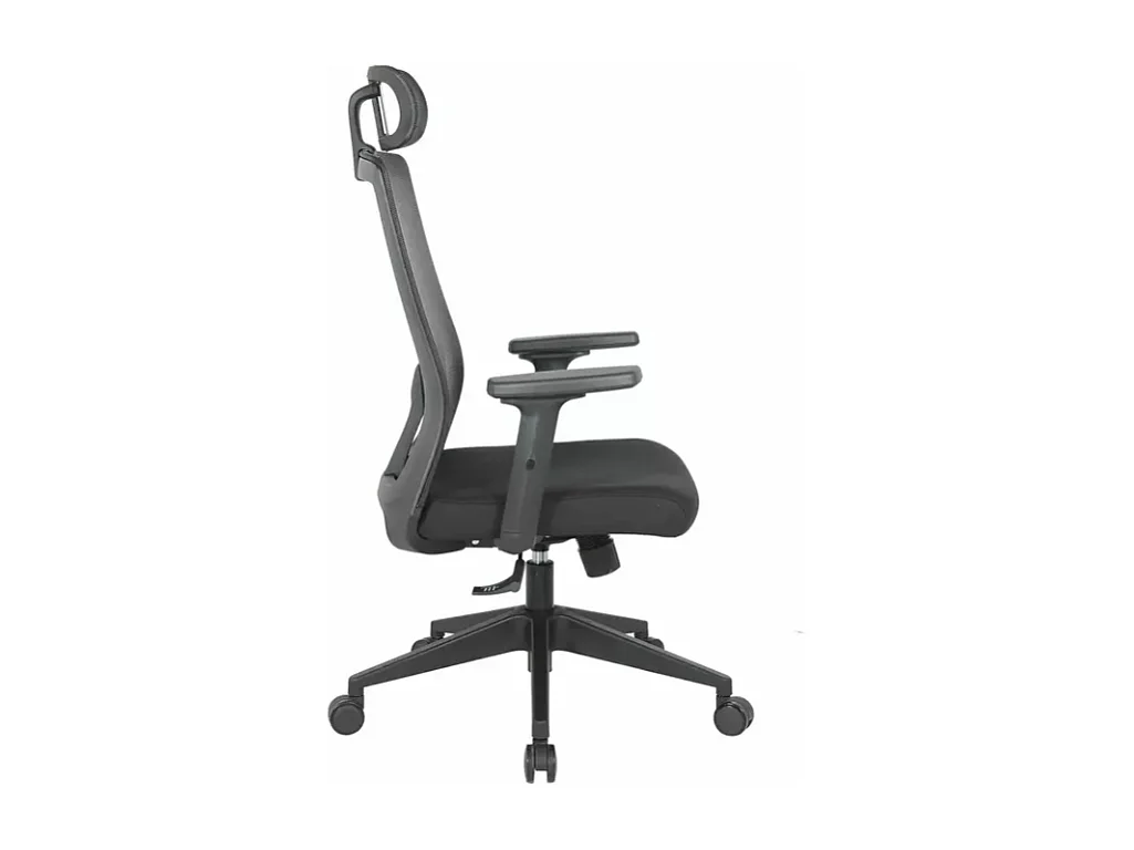 Chaise de bureau ergonomique noire, pivotante et à roulettes, avec pieds noirs LORES