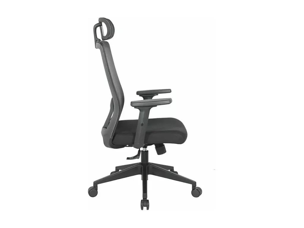 Chaise de bureau ergonomique noire, pivotante et à roulettes, avec pieds noirs LORES