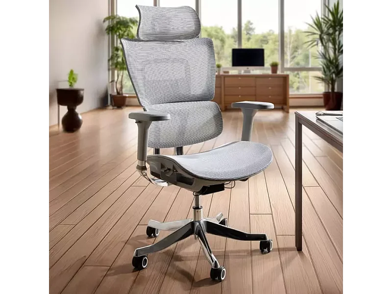 Chaise de bureau haut de gamme ergonomique réglable avec accoudoirs 4D et grande profondeur d'assise, coloris gris LORES2