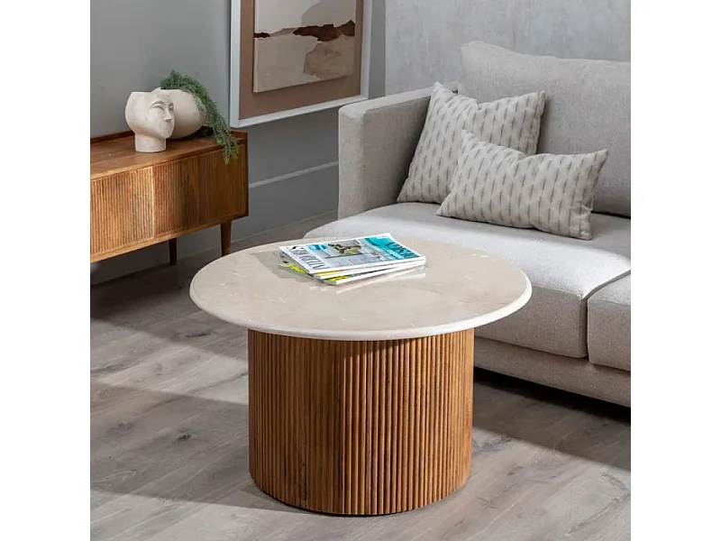 Table basse ronde 76 cm crème et bois strié, plateau marbre naturel veiné à l'aspect unique AURA