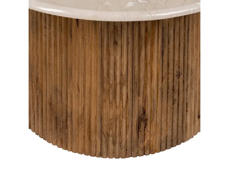 Table basse ronde 76 cm crème et bois strié, plateau marbre naturel veiné à l'aspect unique AURA