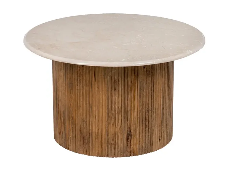 Table basse ronde 76 cm crème et bois strié, plateau marbre naturel veiné à l'aspect unique AURA
