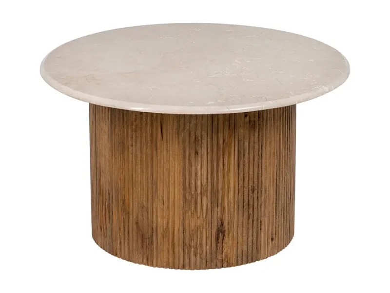 Table basse ronde 76 cm crème et bois strié, plateau marbre naturel veiné à l'aspect unique AURA