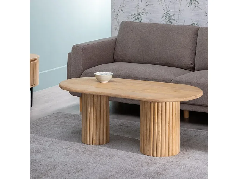 Table basse ovale bois manguier double colonne rainurée élégante AQUILON