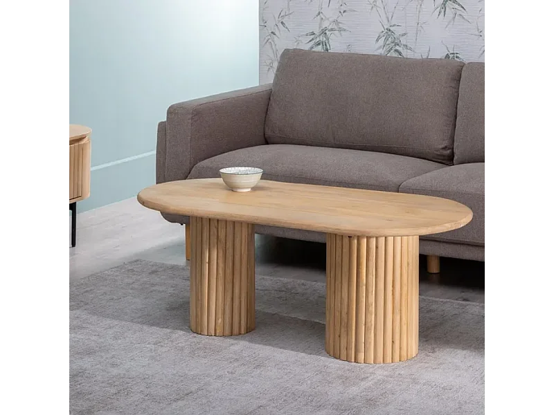 Table basse ovale bois manguier double colonne rainurée élégante AQUILON