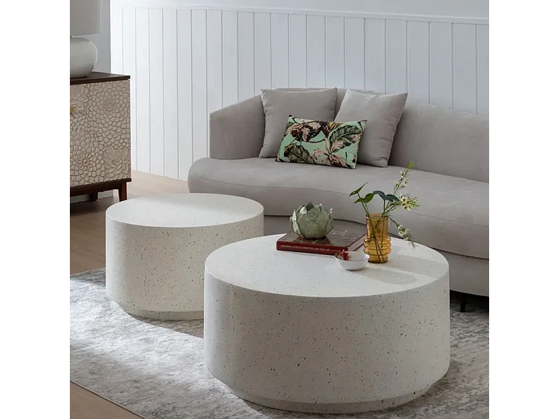 Table basse compacte magnésium blanc moucheté galet design ARIONEA