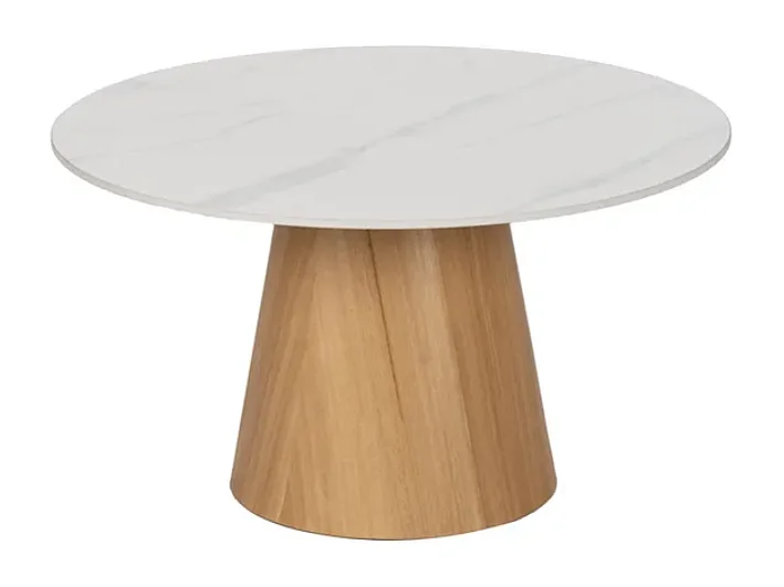 Table basse ronde marbre céramique blanc base totem chêne naturel ARLION
