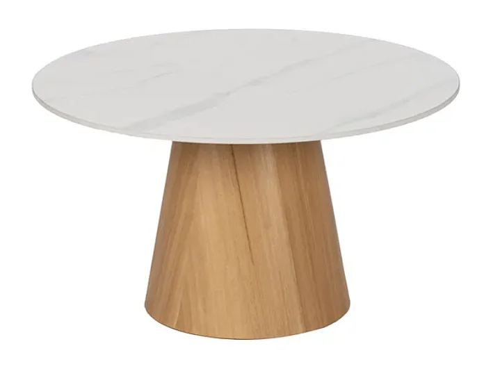 Table basse ronde marbre céramique blanc base totem chêne naturel ARLION