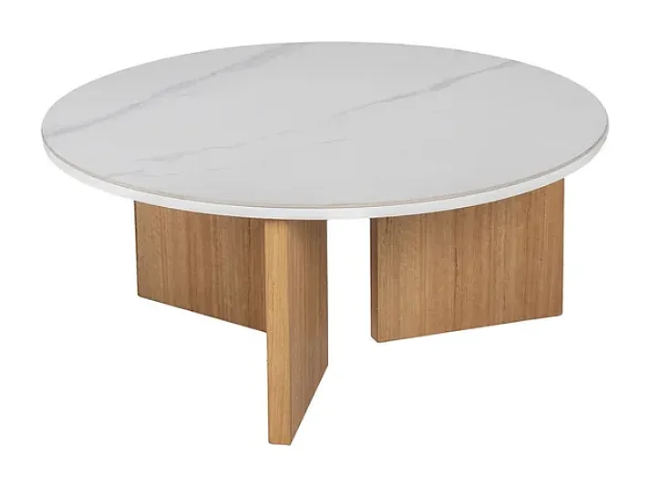 Table basse design ronde blanc naturel en céramique effet marbre et piétement bois HAVANE