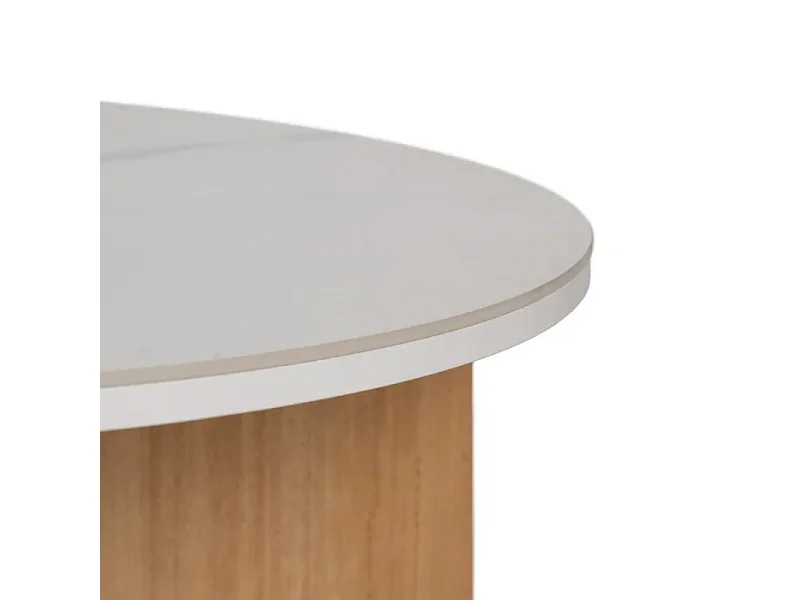 Table basse design ronde blanc naturel en céramique effet marbre et piétement bois HAVANE